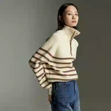 初语 拉链半领条纹套头洋气减龄加厚宽松毛衣针织衫 女款