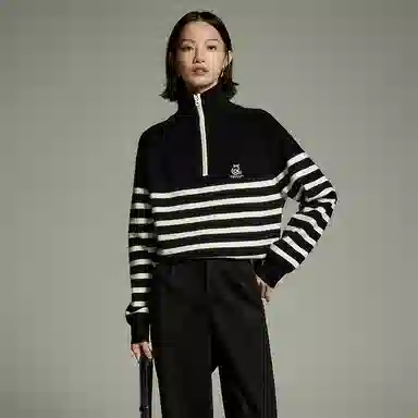 初语 拉链半领条纹套头洋气减龄加厚宽松毛衣针织衫 女款