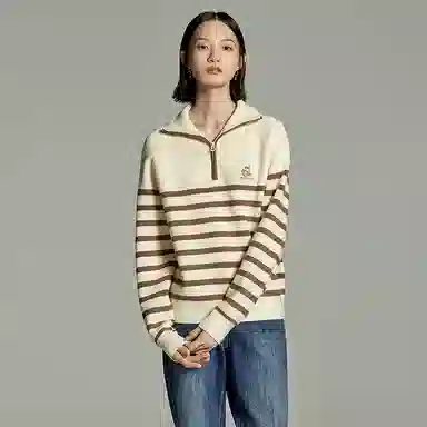 初语 拉链半领条纹套头洋气减龄加厚宽松毛衣针织衫 女款