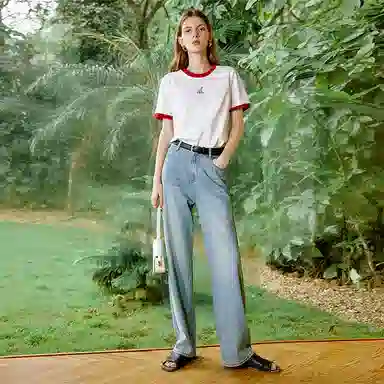 初语 复古休闲高腰拉链直筒牛仔裤 女款 浅蓝色