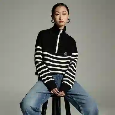 初语 拉链半领条纹套头洋气减龄加厚宽松毛衣针织衫 女款