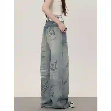悍戈 美式复古涂鸦风宽松显瘦百搭阔腿直筒长裤牛仔裤 男款
