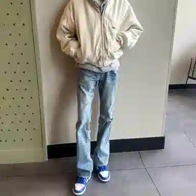 悍戈 美式高街重磅水洗做旧微喇百搭休闲复古风牛仔裤 男女同款