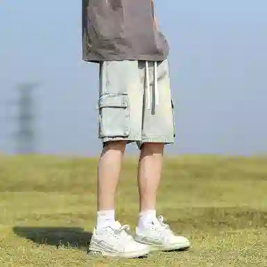 羽浅 美式百搭五分裤薄款宽松直筒松紧腰舒适透气多口袋工装牛仔短裤 男款