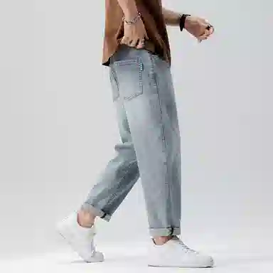 羽浅 秋冬季潮牌棉弹舒适百搭九分裤时尚后袋小标识弹力耐磨裤子潮流宽松小直筒牛仔裤 男款
