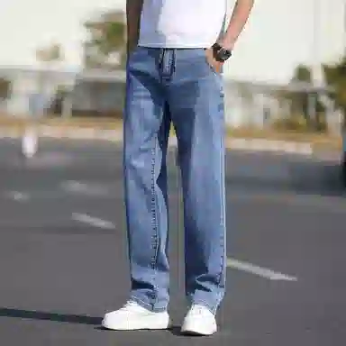 羽浅 夏季松紧腰头男薄款抽绳拉链休闲百搭弹力合体直筒商务牛仔裤 男女同款