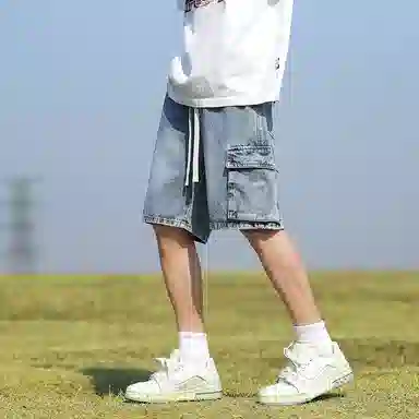羽浅 美式百搭五分裤薄款宽松直筒松紧腰舒适透气多口袋工装牛仔短裤 男款