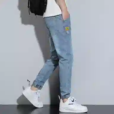 羽浅 潮牌个性拼接浅色百搭束脚裤时尚小标识松紧腰系带裤子潮流修身显瘦牛仔裤 男款