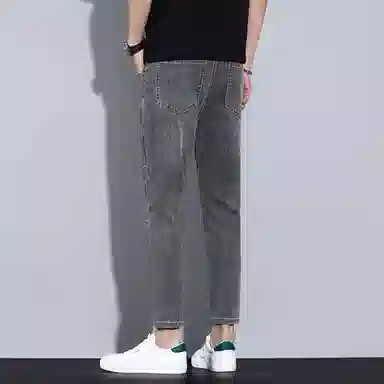 羽浅 潮牌复古褶皱设计弹力百搭小个子九分裤时尚小皮标棉弹舒适耐磨裤子潮流修身小脚牛仔裤 男款