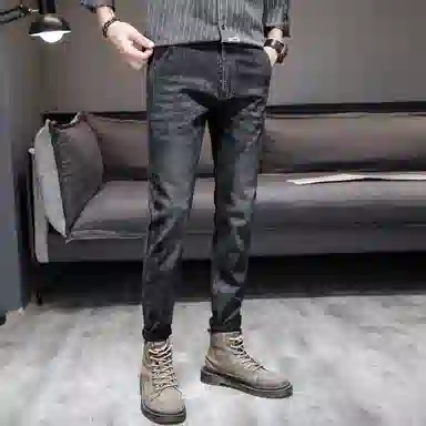 羽浅 黑色潮牌简约舒适耐穿耐磨弹力休闲牛仔裤 男款