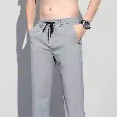 羽浅 夏季轻薄透气冰丝裤时尚松紧腰系带弹力长裤潮流百搭修身直筒休闲裤 男款