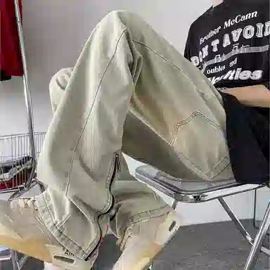 羽浅 美式高街宽松黄泥色印花直筒裤子牛仔裤 男女同款