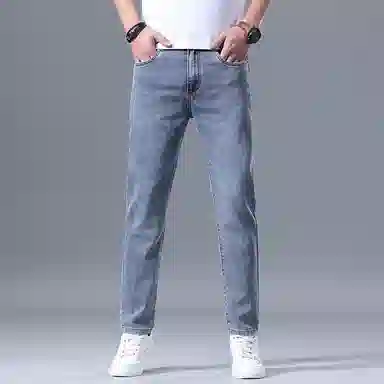 羽浅 潮牌轻薄透气棉弹舒适百搭长裤潮流小标识水洗做旧休闲裤子时尚合体显瘦直筒牛仔裤 男款