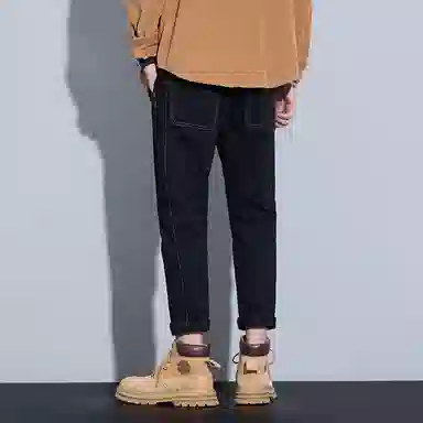 羽浅 潮牌弹力百搭九分裤秋冬款时尚后袋小皮标简约棉弹耐磨裤子潮流韩版修身牛仔裤 男款