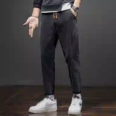 羽浅 港风微哈伦舒适透气时尚潮流简约百搭青少年学生弹力九分牛仔裤 男款