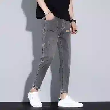 羽浅 潮牌复古褶皱设计弹力百搭小个子九分裤时尚小皮标棉弹舒适耐磨裤子潮流修身小脚牛仔裤 男款