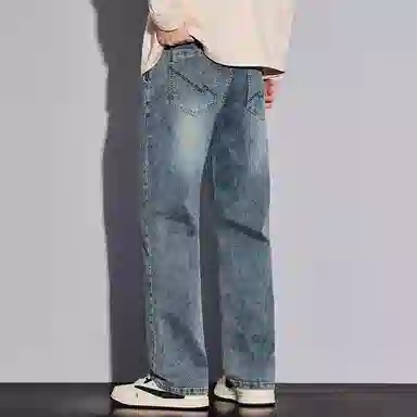 羽浅 秋冬季潮牌复古休闲阔腿显瘦长裤潮流刺绣时尚怀旧耐磨百搭宽松直筒牛仔裤 男款