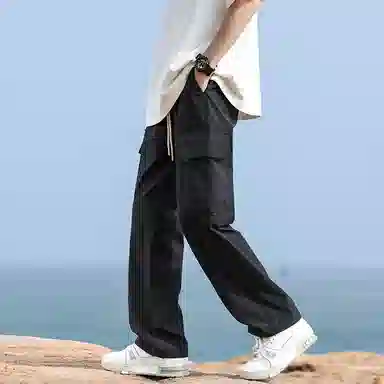 羽浅 韩版春夏抽绳松紧腰休闲拼接百搭宽松直筒工装裤 男女同款