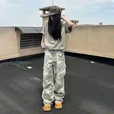 羽浅 美式街头休闲裤嘻哈直筒阔腿裤垂感高街长裤潮牌工装裤 男女同款 迷彩