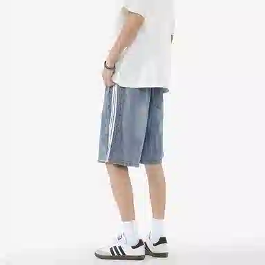 羽浅 薄款水洗潮牌宽松中裤简约透气清爽条纹牛仔短裤 男女同款