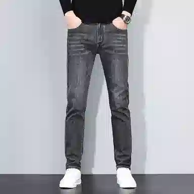 羽浅 秋冬厚款潮牌弹力百搭长裤时尚后袋绣标休闲裤子潮流修身直筒牛仔裤 男款