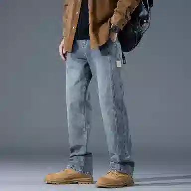 羽浅 秋冬季潮牌拼接设计微喇阔腿裤子时尚小标识百搭垂感长裤潮流宽松直筒牛仔裤 男款