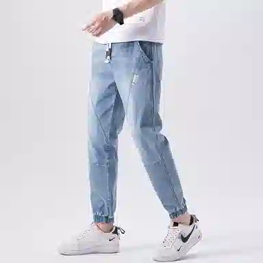 羽浅 潮牌薄款宽松束脚休闲简约风格牛仔裤 男款