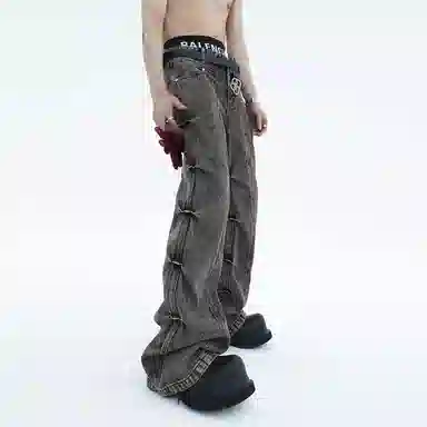 羽浅 美式复古褶皱设计感裤子喇叭百搭宽松时尚牛仔裤 男女同款 灰色