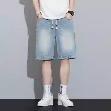 羽浅 夏季浅色百搭五分裤时尚提花工艺松紧腰系带中裤潮牌直筒宽松牛仔短裤 男款