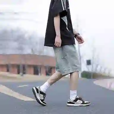 羽浅 工装五分裤水洗做旧直筒宽松抽绳复古牛仔短裤 男女同款
