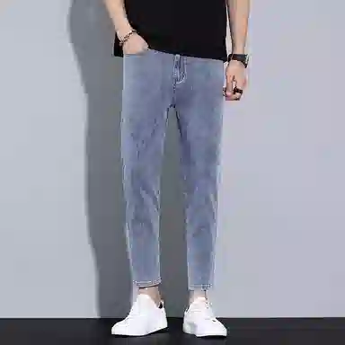 羽浅 潮牌棉弹舒适百搭小个子九分裤秋冬季时尚小标识拼接弹力耐磨裤子潮流修身小脚牛仔裤 男款