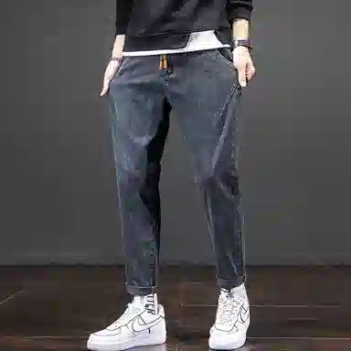 羽浅 港风微哈伦舒适透气时尚潮流简约百搭青少年学生弹力九分牛仔裤 男款