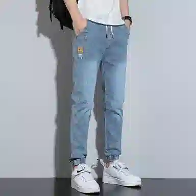 羽浅 潮牌个性拼接浅色百搭束脚裤时尚小标识松紧腰系带裤子潮流修身显瘦牛仔裤 男款