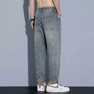 羽浅 美式复古泼墨设计感宽松潮牌水洗做旧柔软舒适休闲九分牛仔裤 男款