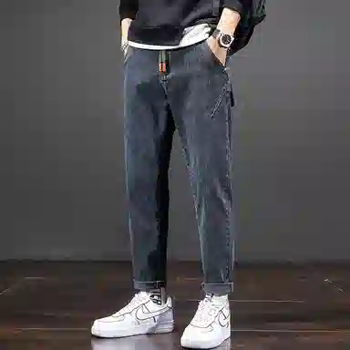 羽浅 港风微哈伦舒适透气时尚潮流简约百搭青少年学生弹力九分牛仔裤 男款