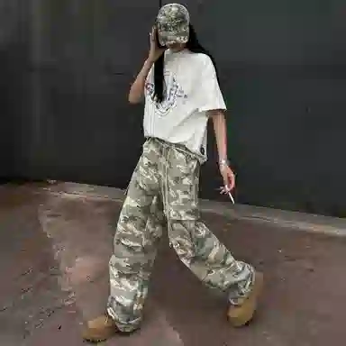 羽浅 美式街头休闲裤嘻哈直筒阔腿裤垂感高街长裤潮牌工装裤 男女同款 迷彩