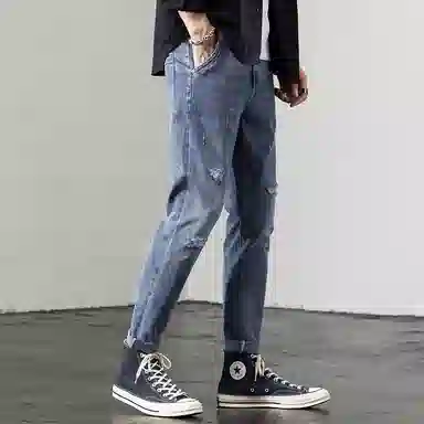 羽浅 韩版潮流破洞款时尚百搭修身弹力九分裤休闲牛仔裤 男款