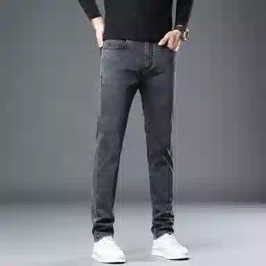 羽浅 秋冬厚款弹力百搭长裤潮流后袋袖标休闲裤子潮牌时尚修身显瘦小直筒牛仔裤 男款