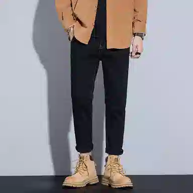 羽浅 潮牌弹力百搭九分裤秋冬款时尚后袋小皮标简约棉弹耐磨裤子潮流韩版修身牛仔裤 男款