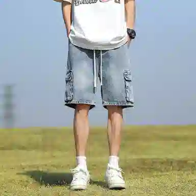 羽浅 美式百搭五分裤薄款宽松直筒松紧腰舒适透气多口袋工装牛仔短裤 男款