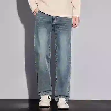 羽浅 秋冬季潮牌复古休闲阔腿显瘦长裤潮流刺绣时尚怀旧耐磨百搭宽松直筒牛仔裤 男款