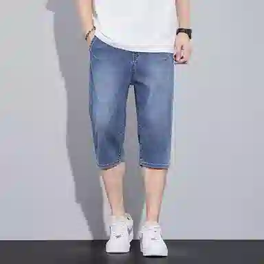 羽浅 薄款七分弹力中裤直筒简约百搭舒适帅气休闲运动牛仔短裤 男款