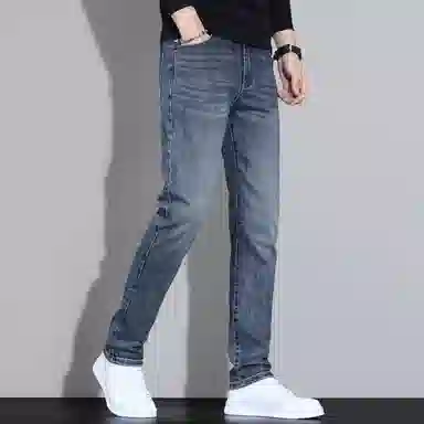 羽浅 秋冬季潮牌简约刺绣百搭棉弹舒适长裤时尚耐磨修身小直筒牛仔裤 男款