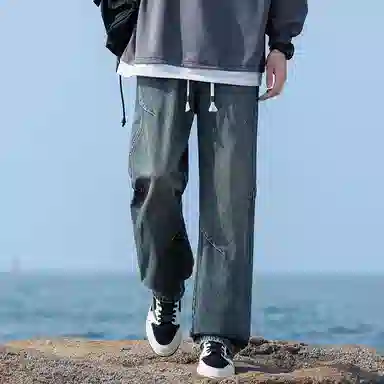 羽浅 美式直筒宽松柔软百搭抽绳牛仔裤 男女同款