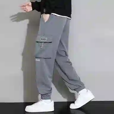 羽浅 港风机能风工装多口袋宽松舒适透气个性百搭帅气弹力束脚九分休闲裤 男款