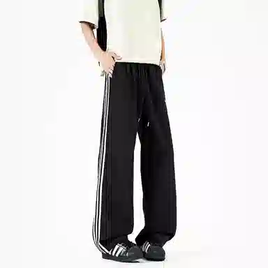 羽浅 薄款宽松直筒美式条纹条杠松紧腰运动休闲裤 男女同款