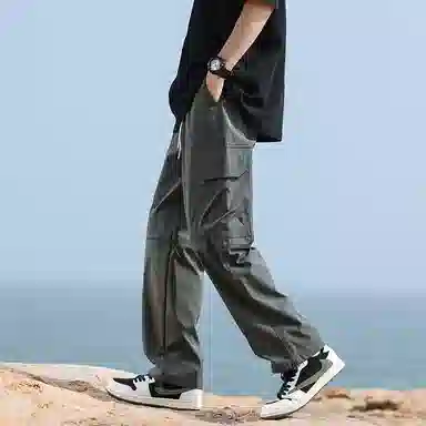 羽浅 韩版春夏抽绳松紧腰休闲拼接百搭宽松直筒工装裤 男女同款