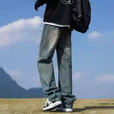 羽浅 港风高街宽松直筒裤水洗做旧复古百搭裤牛仔裤 男女同款