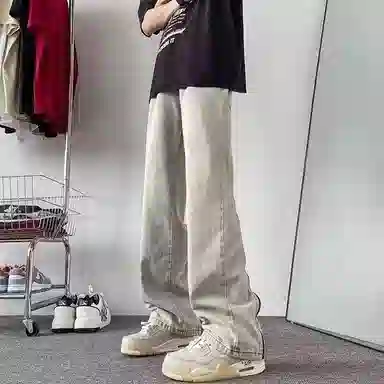 羽浅 美式高街宽松黄泥色印花直筒裤子牛仔裤 男女同款