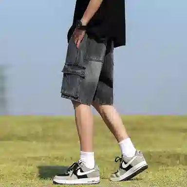 羽浅 美式百搭五分裤薄款宽松直筒松紧腰舒适透气多口袋工装牛仔短裤 男款
